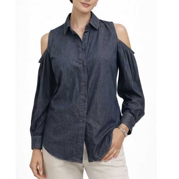 Brunello Cucinelli Denim Cold Shoulder Top Women’s XS Dark Wash Puff Sleeve
